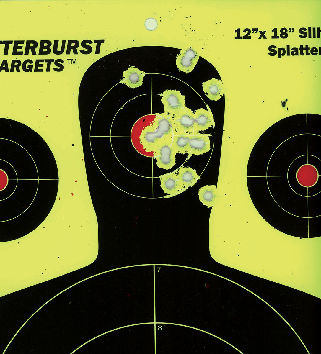 The 20-shot group at 25 yards shows how well open sights can perform.
